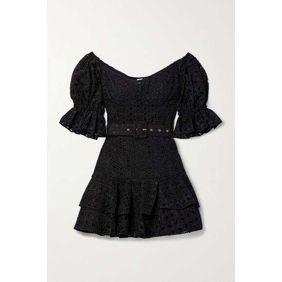 Charo Ruiz Denim Jean Off-The-Shoulder Black Belted Broderie Anglaise - Picture 1 of 5